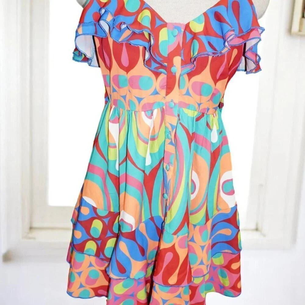 Vintage Psychedelic Ruffle Mini Dress Y2K Festival Rave Coachella S